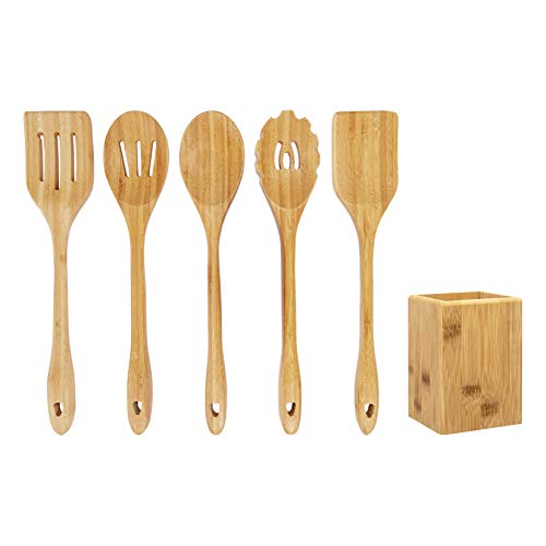woodluv - Juego de 6 Utensilios de Cocina (bambú, Incluye espátula, Cuchara ranurada, Cuchara sólida, Servidor de Pasta, espátula sólida y contenedor de Base de encimera)