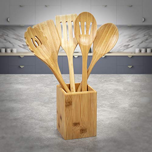 woodluv - Juego de 6 Utensilios de Cocina (bambú, Incluye espátula, Cuchara ranurada, Cuchara sólida, Servidor de Pasta, espátula sólida y contenedor de Base de encimera)