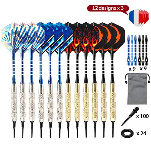 WOTEK 12 Dardos Punta de Plastico para Diana Electrónica, Dardos Diana Electronica + 6 Ejes De Aleación De Zinc + 36 Plumas De 12 Patrones + 100 Puntas -18 Gramos