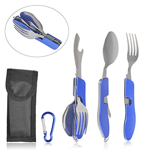 WOWOSS Cubiertos Plegables Portátil Acero Inoxidable Tenedor Desmontable, Cuchillo de Picnic, Cuchara, Sacacorchos, Abrelatas de Botella Cubiertos de Viaje Set con Bolsa