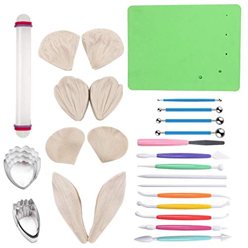 WOWOWO 31 Piezas Flores y Hojas Kit de Herramientas para Fondant Cortador de Flores Fondant Flor moldes de Silicona Almohadilla de Espuma