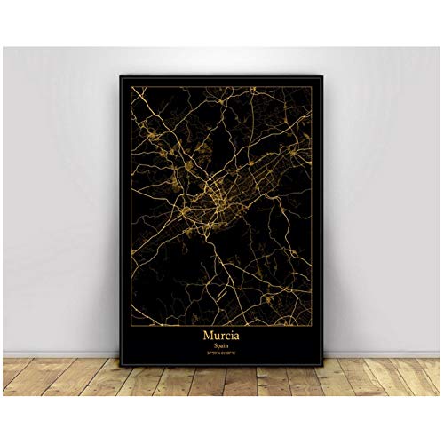 WTHKL Murcia España Mapas de la ciudad en negro y dorado Mapa de la ciudad del mundo Carteles Impresiones en lienzo Estilo nórdico Arte de la pared Decoración del hogar -20x28 pulgadas Sin marco 1 PCS