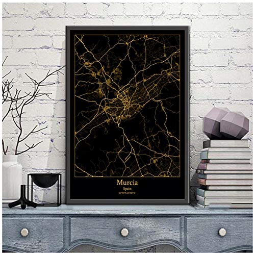 WTHKL Murcia España Mapas de la ciudad en negro y dorado Mapa de la ciudad del mundo Carteles Impresiones en lienzo Estilo nórdico Arte de la pared Decoración del hogar -20x28 pulgadas Sin marco 1 PCS