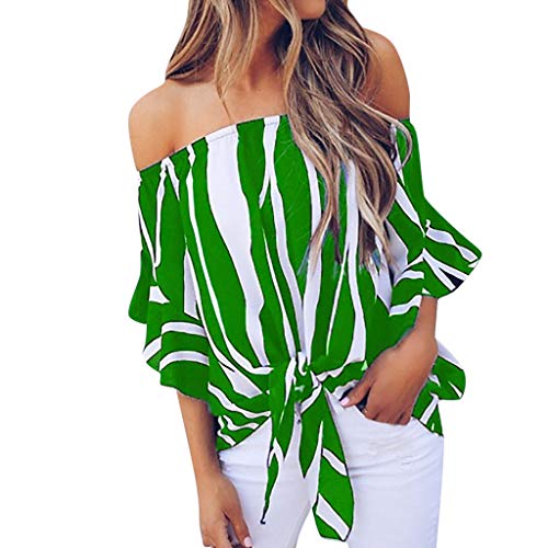 Wtouhe -Camisa de Hombro frío de Las Mujeres Corbata Floral Camisa de Gasa Delantera Tops de Manga de Trompeta Estampado de Moda de Trompeta con Nudos- para Mujer