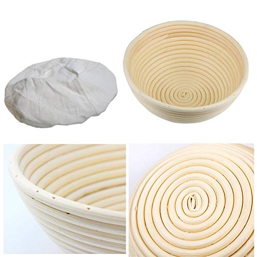 WYCY 7"Banneton Brotform Redonda Cuenco para Masas Tazón de Ratán Natural para Masa y Pan Proteico (con Raspador Cortador Curvo Cepillo de Silicona Forro de Tela) (18CM)