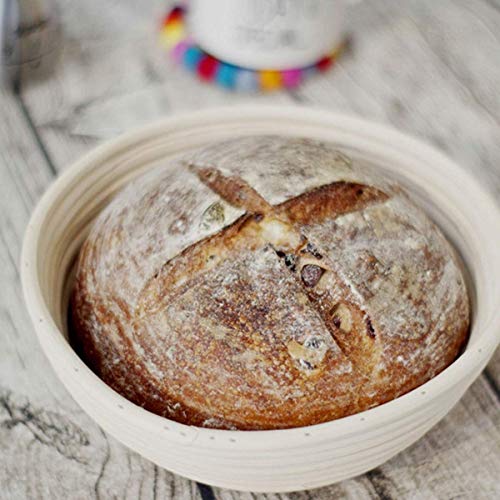 WYCY 7"Banneton Brotform Redonda Cuenco para Masas Tazón de Ratán Natural para Masa y Pan Proteico (con Raspador Cortador Curvo Cepillo de Silicona Forro de Tela) (18CM)