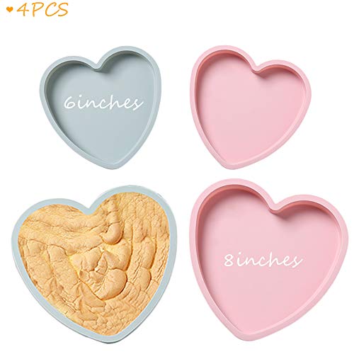 X-BLTU 4 PCS Molde para Pasteles Molde de Silicona para Hornear,Molde de Pastel en Forma de Corazón Molde para Bandeja de repostería Molde de Pastel Antiadherente Tipo de corazón de 6 y 8 Pulgadas