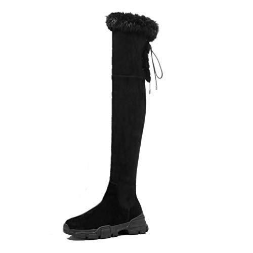 XBRMMM Mujer Botas de Motociclista para Mujer/Cuello de Piel Sexy Botas sobre la Rodilla 2018 otoño Invierno Nueva Estufa de Cuero cálida Botas Planas Casuales