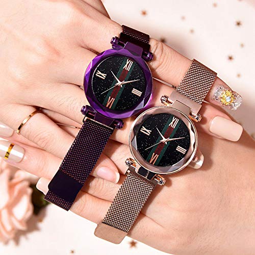 xbwwt Reloj de Cuarzo de Mujeres, Relojes magnéticos de Cierre de cinturón de Malla de Acero Inoxidable con el Calendario y el Reloj Estrellas de Cielo