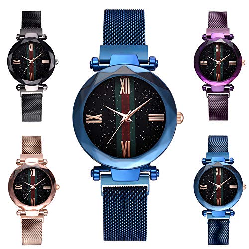 xbwwt Reloj de Cuarzo de Mujeres, Relojes magnéticos de Cierre de cinturón de Malla de Acero Inoxidable con el Calendario y el Reloj Estrellas de Cielo