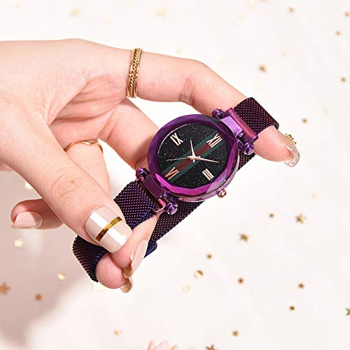 xbwwt Reloj de Cuarzo de Mujeres, Relojes magnéticos de Cierre de cinturón de Malla de Acero Inoxidable con el Calendario y el Reloj Estrellas de Cielo