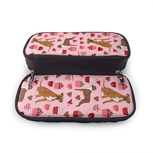 XCNGG Boxer Dog Valentines Love Cupcakes Bolso de lápiz de cuero con patrón de moda personalizado, Estuche para bolígrafo Estuche para lápices con caja de soporte de doble cremallera para adolescentes