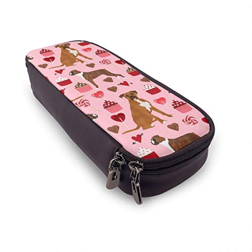 XCNGG Boxer Dog Valentines Love Cupcakes Bolso de lápiz de cuero con patrón de moda personalizado, Estuche para bolígrafo Estuche para lápices con caja de soporte de doble cremallera para adolescentes