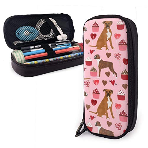 XCNGG Boxer Dog Valentines Love Cupcakes Bolso de lápiz de cuero con patrón de moda personalizado, Estuche para bolígrafo Estuche para lápices con caja de soporte de doble cremallera para adolescentes