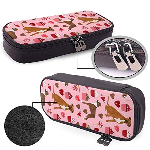 XCNGG Boxer Dog Valentines Love Cupcakes Bolso de lápiz de cuero con patrón de moda personalizado, Estuche para bolígrafo Estuche para lápices con caja de soporte de doble cremallera para adolescentes