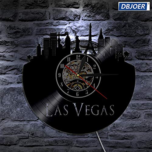 xcvbxcvb Reloj de Vinilo LED de la Ciudad de Las Vegas, iluminación Que Cambia de Color, lámpara de Pared, Control Remoto, Interior Moderno para Sala de Estar retroiluminada
