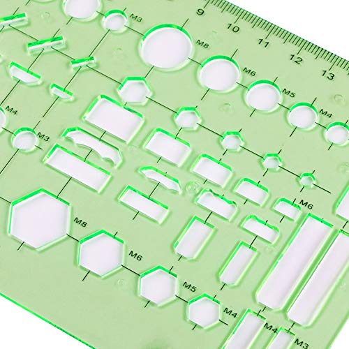 XDLink. Juego de 6 Reglas geométricas de plástico: círculo, hexágono, Cuadrado, triángulo óvalo, para geografía, matemáticas, croquis, esquemas; Color Verde