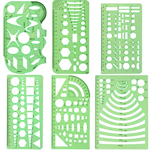 XDLink. Juego de 6 Reglas geométricas de plástico: círculo, hexágono, Cuadrado, triángulo óvalo, para geografía, matemáticas, croquis, esquemas; Color Verde