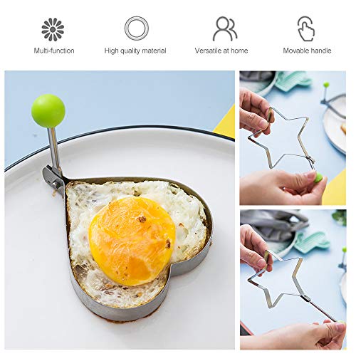 XGzhsa Anillos para freír huevos, Anillos de huevo, 5 piezas de diferentes formas de anillos de huevo de acero inoxidable con asas, forma de huevo en redondo, corazón, estrella, Mickey, flor