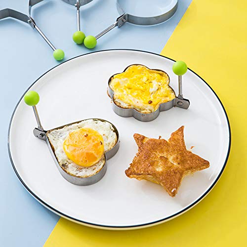 XGzhsa Anillos para freír huevos, Anillos de huevo, 5 piezas de diferentes formas de anillos de huevo de acero inoxidable con asas, forma de huevo en redondo, corazón, estrella, Mickey, flor