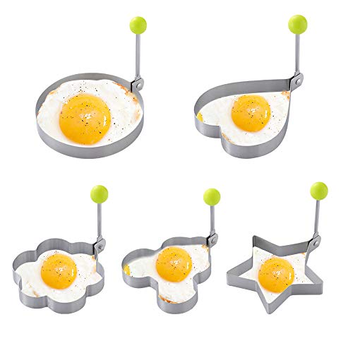 XGzhsa Anillos para freír huevos, Anillos de huevo, 5 piezas de diferentes formas de anillos de huevo de acero inoxidable con asas, forma de huevo en redondo, corazón, estrella, Mickey, flor