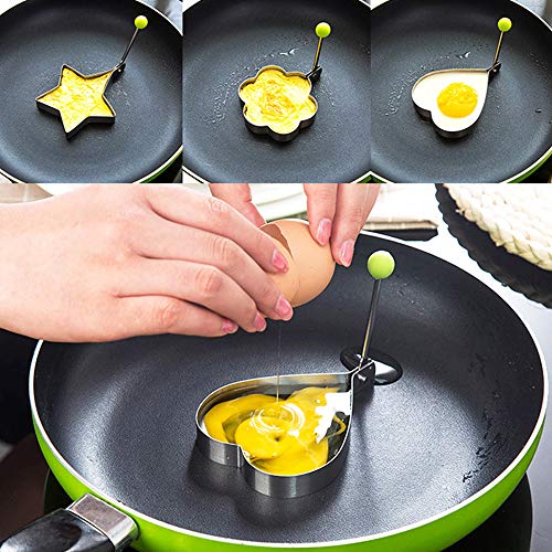 XGzhsa Anillos para freír huevos, Anillos de huevo, 5 piezas de diferentes formas de anillos de huevo de acero inoxidable con asas, forma de huevo en redondo, corazón, estrella, Mickey, flor