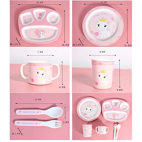 Xhtoe Plato de Cena Juego de vajilla de melamina con impresión de Gato Rosa de 6 Piezas Juego de vajilla, tazón y Vaso for niños Rosa para Uso doméstico y de hostelería