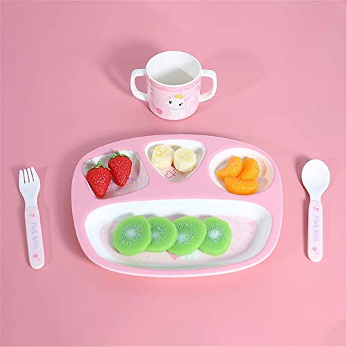 Xhtoe Plato de Cena Juego de vajilla de melamina con impresión de Gato Rosa de 6 Piezas Juego de vajilla, tazón y Vaso for niños Rosa para Uso doméstico y de hostelería