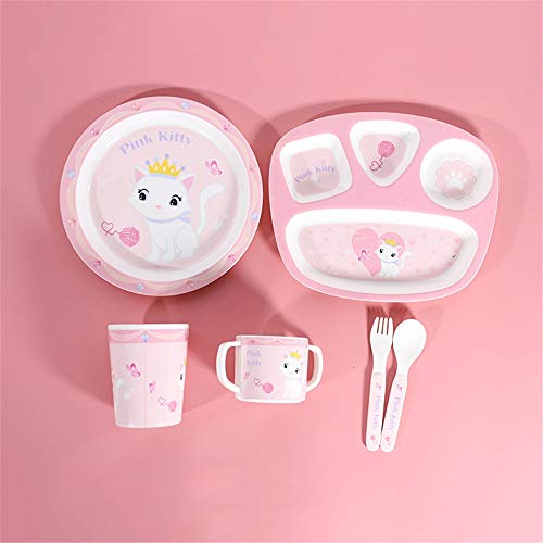 Xhtoe Plato de Cena Juego de vajilla de melamina con impresión de Gato Rosa de 6 Piezas Juego de vajilla, tazón y Vaso for niños Rosa para Uso doméstico y de hostelería