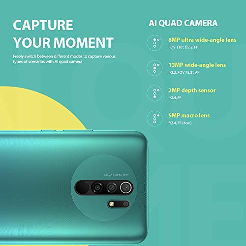 Xiaomi Redmi 9 Teléfono 4GB RAM + 64GB ROM, 6.53” FHD+ Dot Drop Pantalla, Media tek Helio G80 Octa-Core Procesador, 8MP Frontal & 13MP+8MP+5MP+2MP AI Quad Cámara Trasera Versión Global (Verde)