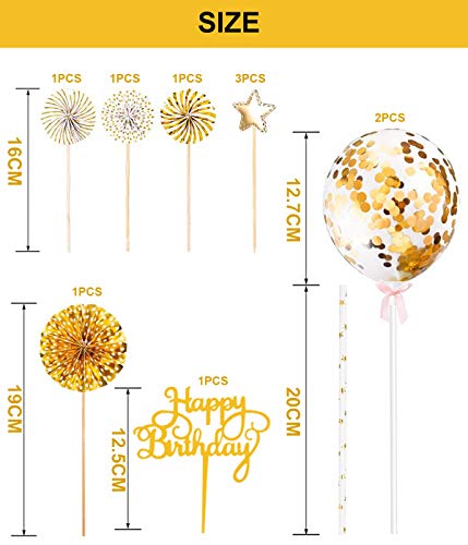 Xinmeng Oro Decoración para Tartas|Torta Toppers de Cumpleaños|Cumpleaños Cupcake Toppers|Abanicos de Papel Globos Confeti Cupcake Topper para Oro Tema Partido Tartas de Decoración.