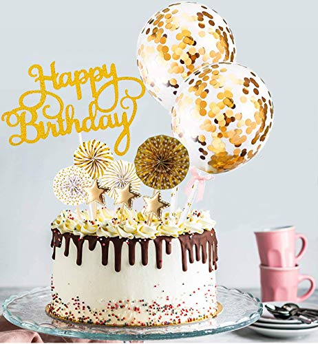 Xinmeng Oro Decoración para Tartas|Torta Toppers de Cumpleaños|Cumpleaños Cupcake Toppers|Abanicos de Papel Globos Confeti Cupcake Topper para Oro Tema Partido Tartas de Decoración.