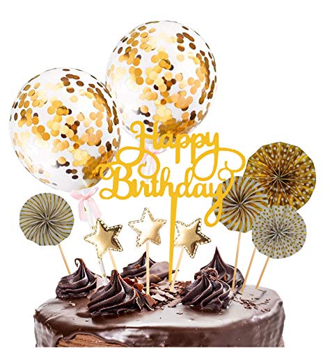 Xinmeng Oro Decoración para Tartas|Torta Toppers de Cumpleaños|Cumpleaños Cupcake Toppers|Abanicos de Papel Globos Confeti Cupcake Topper para Oro Tema Partido Tartas de Decoración.