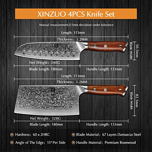 XINZUO 4 Piezas Set Cuchillo Cocina,67 Capas Acero Japonés VG10 Profesional Afilado Cuchillo Chef Santoku Universals Cuchillo de Carnicero,Ergonómico Rosewood Mango- Yu Serie