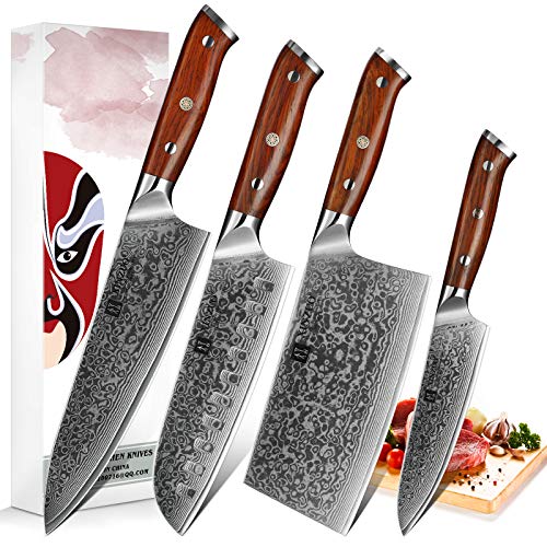 XINZUO 4 Piezas Set Cuchillo Cocina,67 Capas Acero Japonés VG10 Profesional Afilado Cuchillo Chef Santoku Universals Cuchillo de Carnicero,Ergonómico Rosewood Mango- Yu Serie