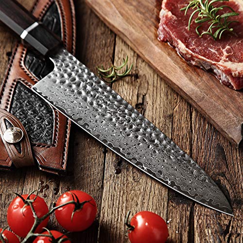 XINZUO Acero de Damasco Cuchillo Chef, 21cm Gyuto Profesional Forjado a Mano Patrón Martillado Cuchillo de Cocinero, Ergonomía Mango Octagonal de Madera de Ébano,Cuero de Funda para Cuchillo
