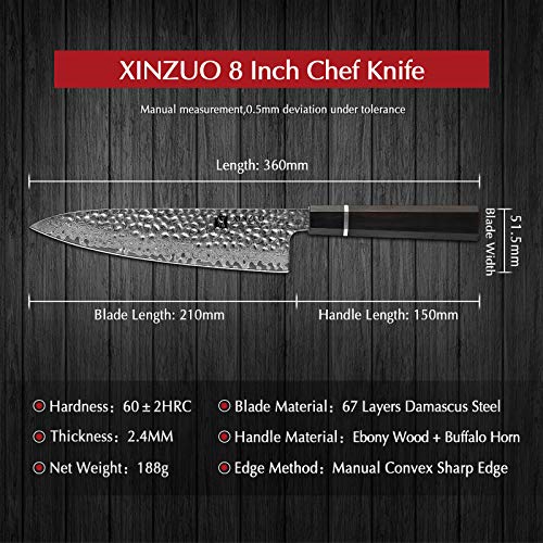 XINZUO Acero de Damasco Cuchillo Chef, 21cm Gyuto Profesional Forjado a Mano Patrón Martillado Cuchillo de Cocinero, Ergonomía Mango Octagonal de Madera de Ébano,Cuero de Funda para Cuchillo