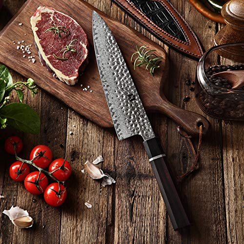 XINZUO Acero de Damasco Cuchillo Chef, 21cm Gyuto Profesional Forjado a Mano Patrón Martillado Cuchillo de Cocinero, Ergonomía Mango Octagonal de Madera de Ébano,Cuero de Funda para Cuchillo