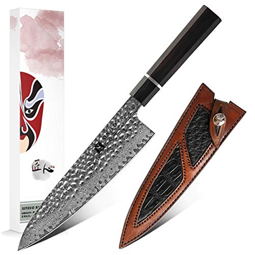 XINZUO Acero de Damasco Cuchillo Chef, 21cm Gyuto Profesional Forjado a Mano Patrón Martillado Cuchillo de Cocinero, Ergonomía Mango Octagonal de Madera de Ébano,Cuero de Funda para Cuchillo