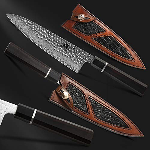 XINZUO Acero de Damasco Cuchillo Chef, 21cm Gyuto Profesional Forjado a Mano Patrón Martillado Cuchillo de Cocinero, Ergonomía Mango Octagonal de Madera de Ébano,Cuero de Funda para Cuchillo