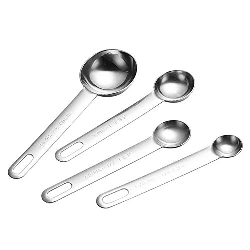 Xkfgcm Juego de 4 Ucharas Medidoras y Regla de Medición Tazas de Medición de Acero Inoxidable y Cuchara con Clip para Medir Líquidos y Los Ingredientes Secos Aptas Lavavajillas(1.25/2.5/5 /15 mL)