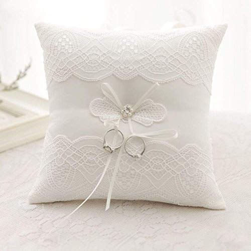 XYJIE Marfil Satén y Perla Anillo de Boda Portador Almohada Cojín Bordar Encaje de Flores con Arco, 20 cm x 20 cm Portador de Anillo para Boda de Playa
