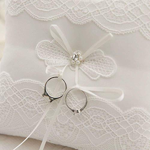 XYJIE Marfil Satén y Perla Anillo de Boda Portador Almohada Cojín Bordar Encaje de Flores con Arco, 20 cm x 20 cm Portador de Anillo para Boda de Playa