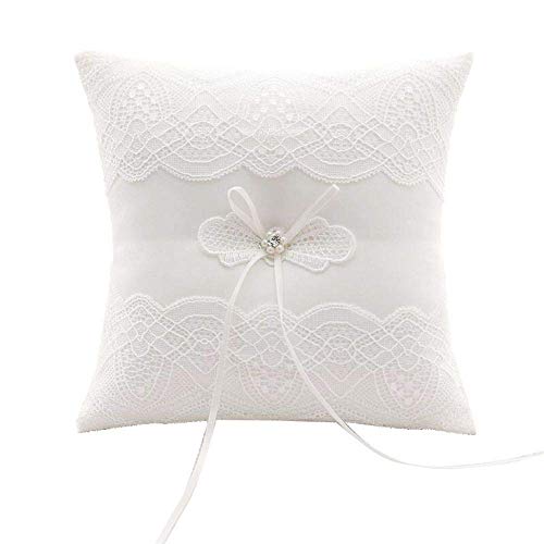 XYJIE Marfil Satén y Perla Anillo de Boda Portador Almohada Cojín Bordar Encaje de Flores con Arco, 20 cm x 20 cm Portador de Anillo para Boda de Playa
