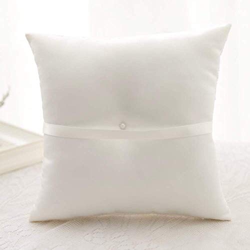 XYJIE Marfil Satén y Perla Anillo de Boda Portador Almohada Cojín Bordar Encaje de Flores con Arco, 20 cm x 20 cm Portador de Anillo para Boda de Playa