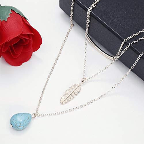 YADOCA 8-13 Unids Collar Largo Mujer Niñas Moda Sexy Gargantilla Larga Cadena Y Collar Doble Bar Pluma Collar Colgante Conjuntos Tono Dorado y Plateado