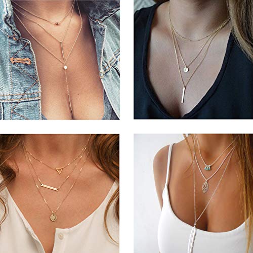 YADOCA 8-13 Unids Collar Largo Mujer Niñas Moda Sexy Gargantilla Larga Cadena Y Collar Doble Bar Pluma Collar Colgante Conjuntos Tono Dorado y Plateado