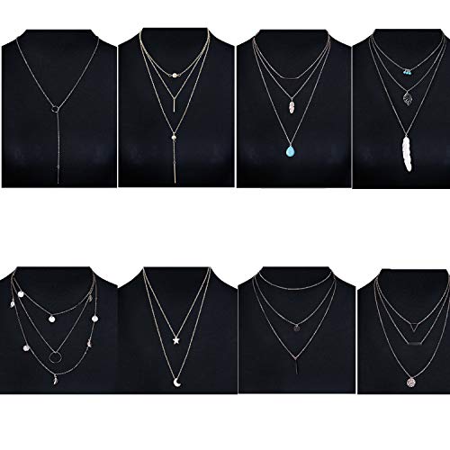 YADOCA 8-13 Unids Collar Largo Mujer Niñas Moda Sexy Gargantilla Larga Cadena Y Collar Doble Bar Pluma Collar Colgante Conjuntos Tono Dorado y Plateado
