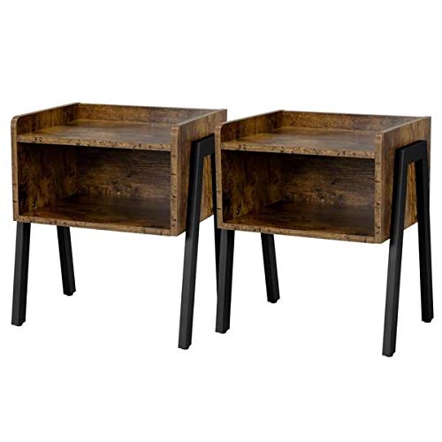 Yaheetech 2 Piezas Mesita de Noche Mesita Auxiliar Industrial Mesa para Café con Compartimento Mesita Vintage