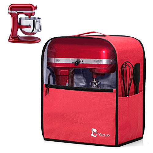 Yarwo Cubierta para Batidoras Amasadoras, Cubierta para KitchenAid Robots de Cocina 5.7 y 7.6 L, Funda Visible para Batidoras Amasadoras, con Asa y Bolsillos, Rojo